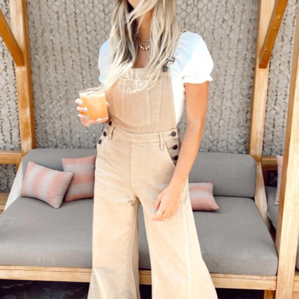 NOWT Show Me Your Mumu San Fran overalls in tan line - S RARE.